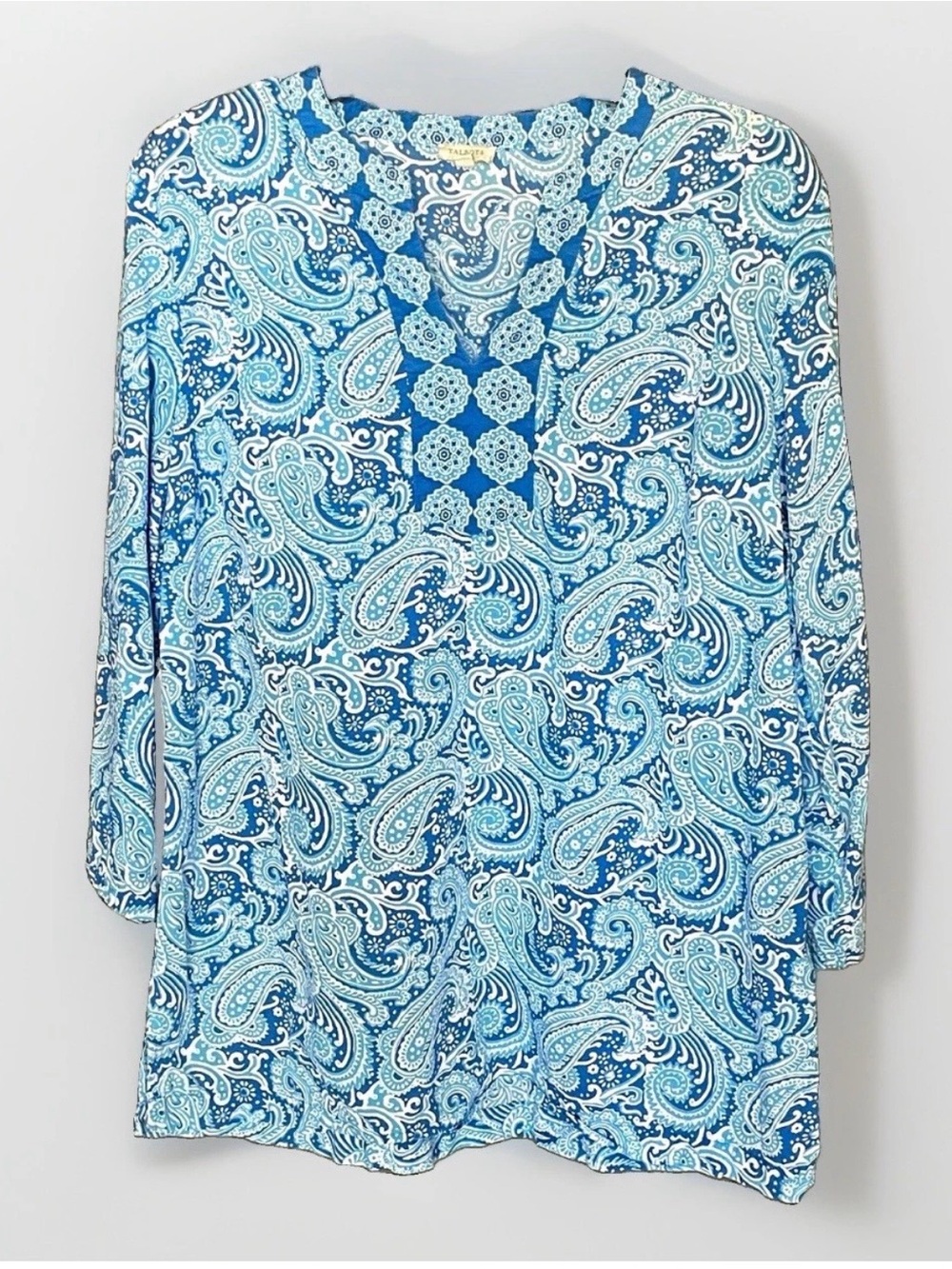 Talbots Blue White Paisley V-Neck Tunic Blouse Size Large Boho